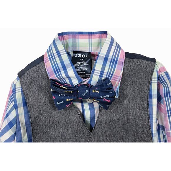 IZOD Boys 2T Easter Preppy Ring Bearer 4pc Suit Gray Vest Plaid Khaki Bow Tie - Picture 7 of 7